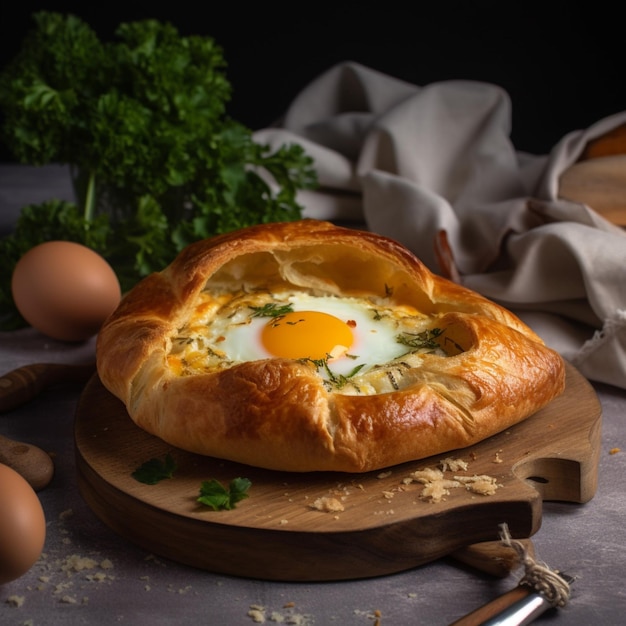 Een brood met een ei erin en een broodkom op tafel.