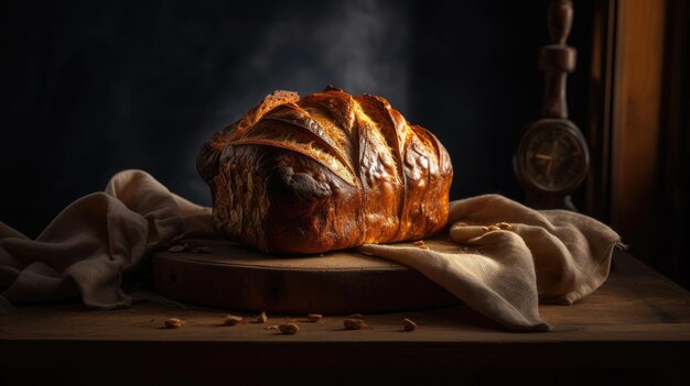 Een brood op een houten snijplank met daarop een schaaltje brood.