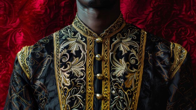 Een broodende zwarte man staat hoog tegen een achtergrond van dieprode fluweel gekleed in een koninklijk zwart en