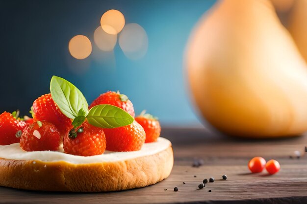 Een broodje aardbeien met basilicumblaadjes erop