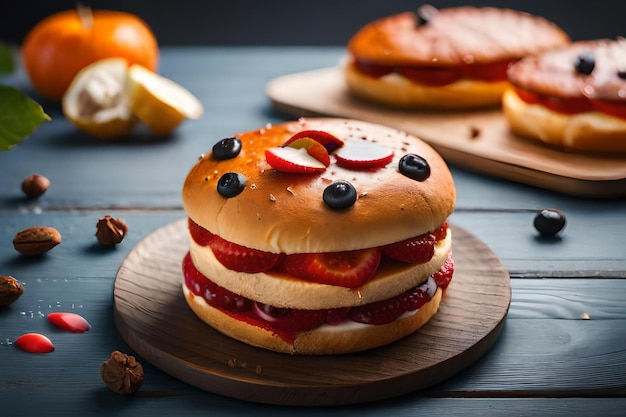 Een broodje bagel met bosbessen en bosbessen op een houten tafel.