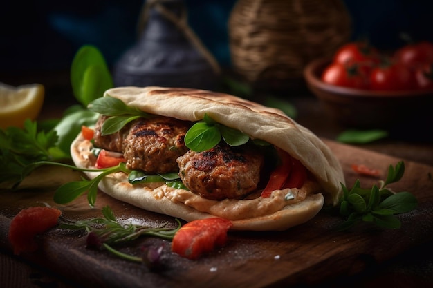 Een broodje gehaktbal met tomaten en spinazie op een houten tafel.