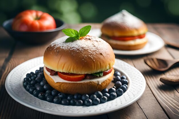 Een broodje met bosbessen en tomaat op een bord