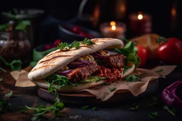 Een broodje rundvlees met tomatensaus en ui op een houten bord