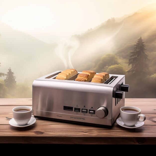 Een broodroosteroven met een kopje koffie en een kopje koffie