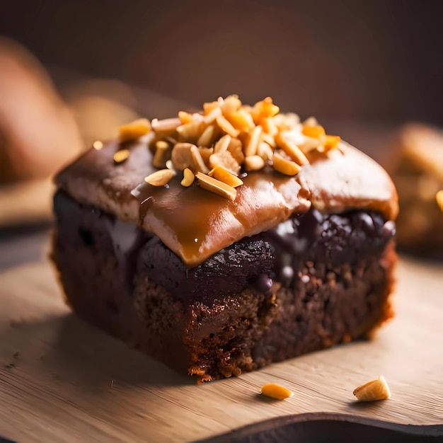 Een brownie met chocolade en pindakaas op de top.