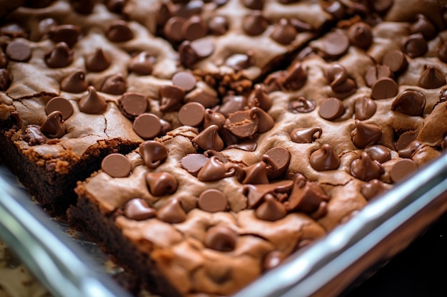 Een brownie met chocoladerepen op een bakdoek