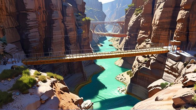 Foto een brug die over een rivier loopt die over een kloof loopt