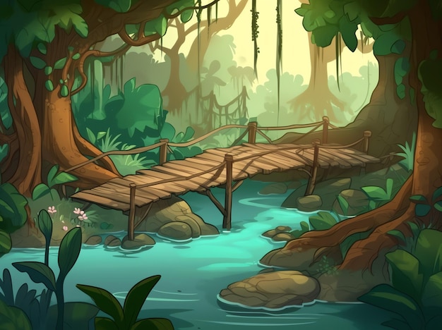 Een brug in de jungle met een touwbrug.