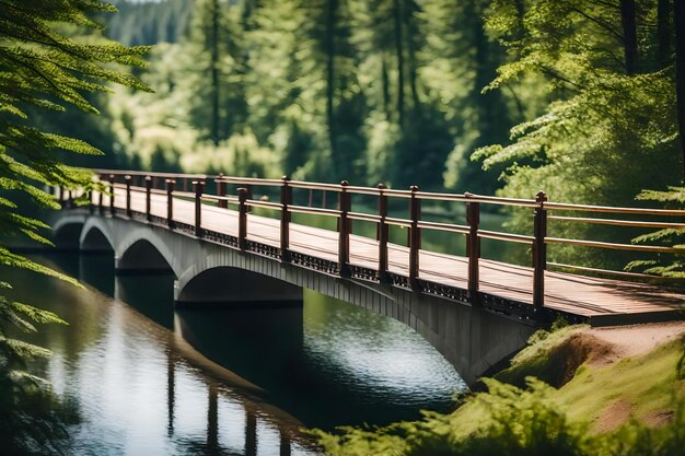 Een brug in een bos met een bos op de achtergrond