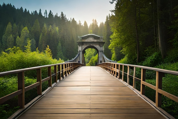 Een brug in het bos met een brug op de achtergrond