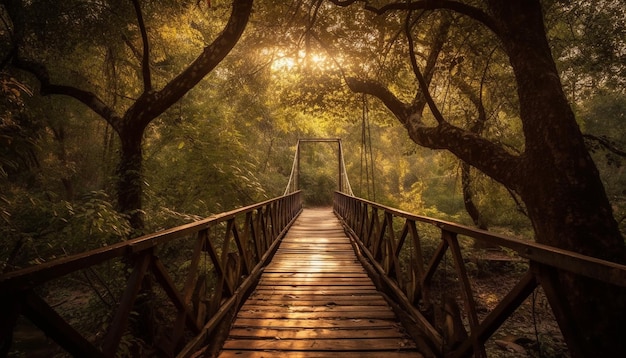 Een brug in het bos waar de zon op schijnt