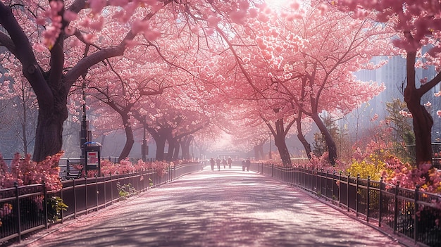 een brug met een brug en bomen met roze bloemen erop