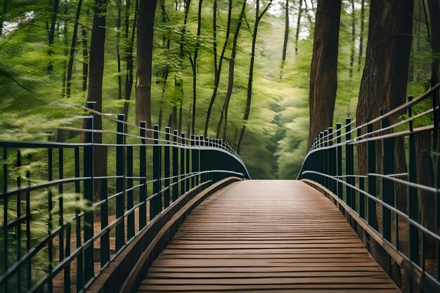 Een brug met een houten loopbrug door het bos.