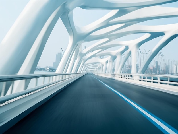 Een brug met een wit frame en blauwe lijnen die het woord vrede zeggen.