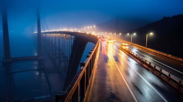 Een brug met lichten aan en een auto erop