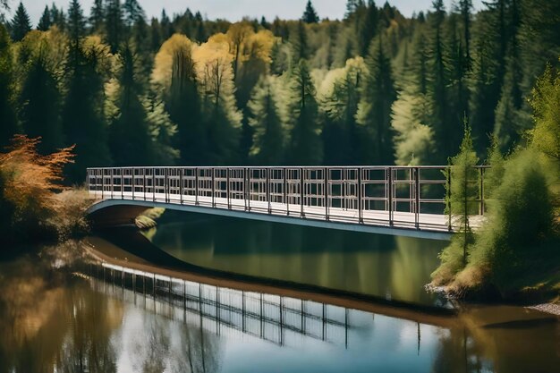 Een brug over een meer met bomen op de achtergrond.