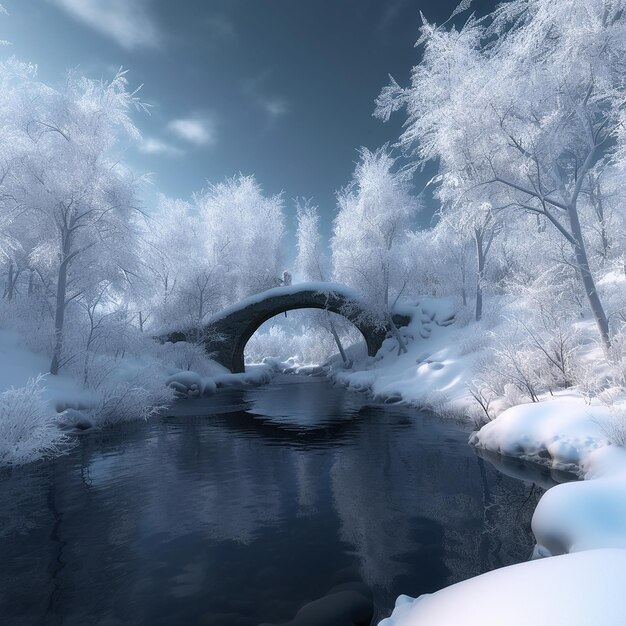 Een brug over een rivier bedekt met sneeuw.