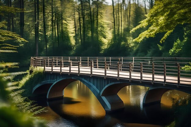 Een brug over een rivier met bomen op de achtergrond