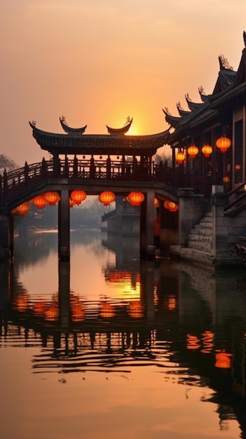 Een brug over een rivier met Chinese lantaarns erop