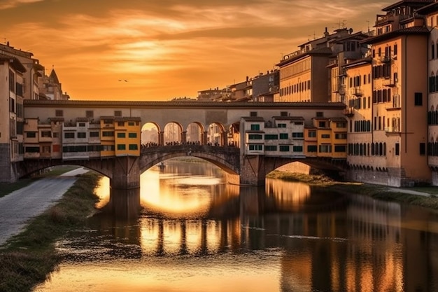 Een brug over een rivier met daarachter de ondergaande zon
