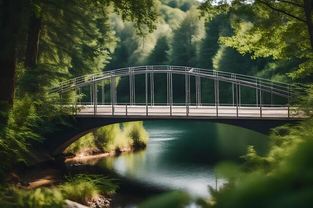 Een brug over een rivier met een bos op de achtergrond.