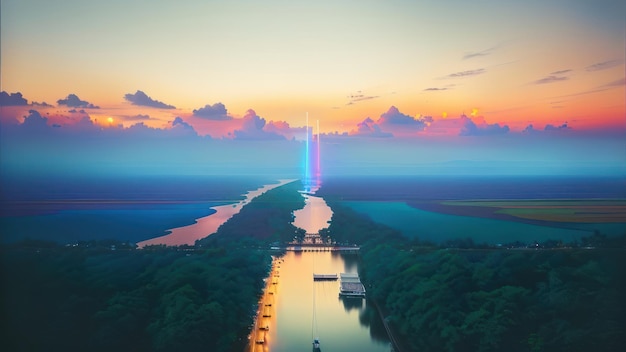 Een brug over een rivier met een regenboog aan de hemel