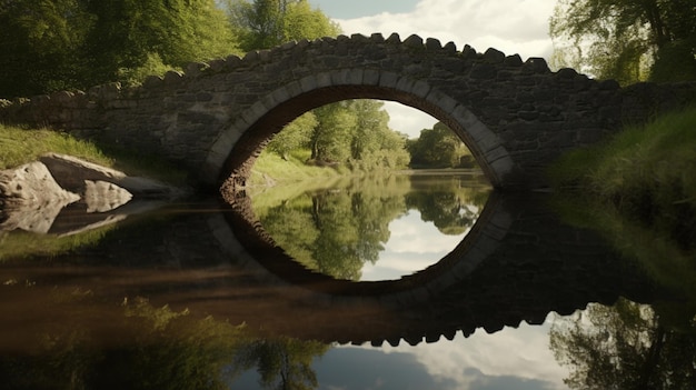 Een brug over een rivier met een stenen brug op de voorgrond.