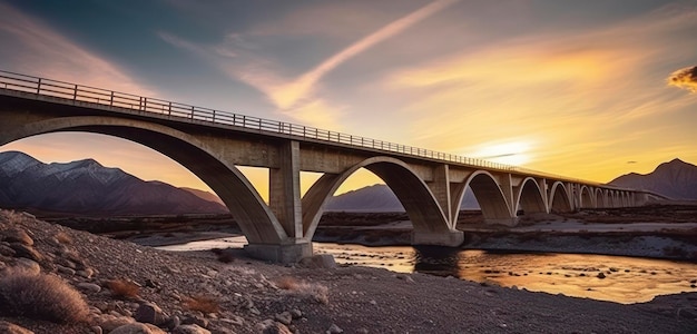 Een brug over een rivier met een zonsondergang op de achtergrond