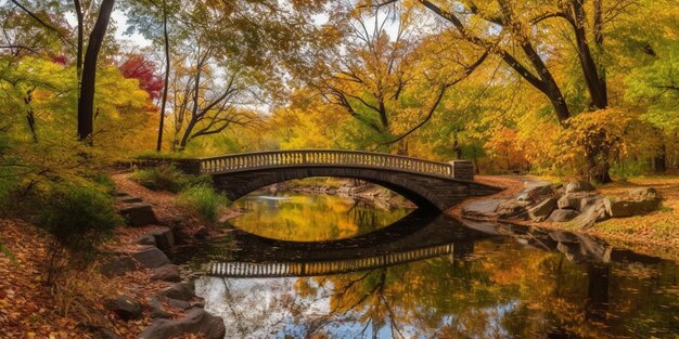 Een brug over een rivier met herfstkleuren.