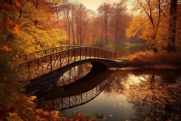 Een brug over een rivier omringd door bomen die AI genereren