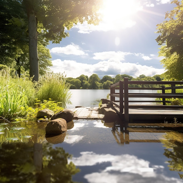 Een brug over een watermassa met een paar rotsen in het water.