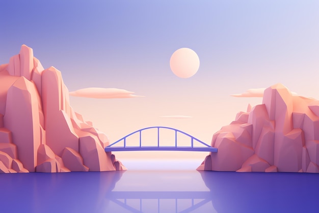 Een brug over water met bergen en zon