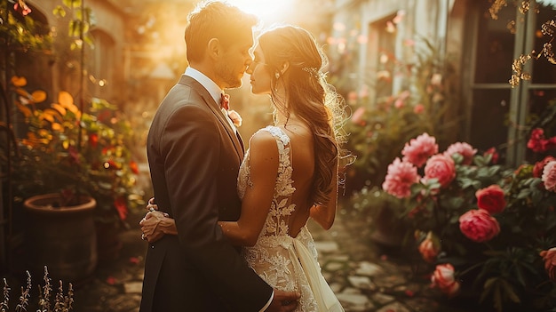een bruid en bruidegom in een tuin met bloemen en een zon achter hen