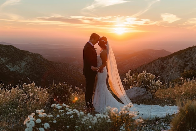 Een bruid en bruidegom staan op de top van een berg verlicht door de warme kleuren van een zonsondergang Serene berg top bruiloft met zonsondergang uitzicht op de achtergrond AI gegenereerd