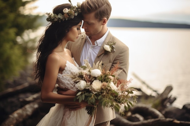 Een bruid en bruidegom staan op een strand met een bos bloemen op hun hoofd.