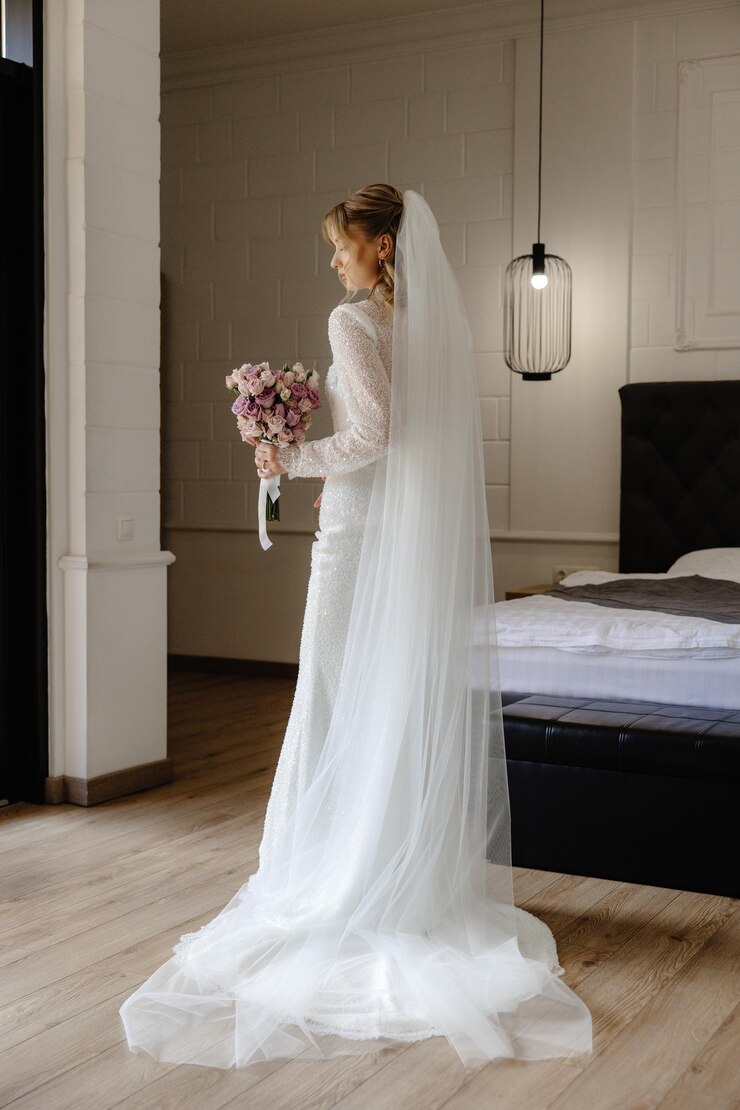 Foto een bruid in een witte jurk met een boeket bloemen
