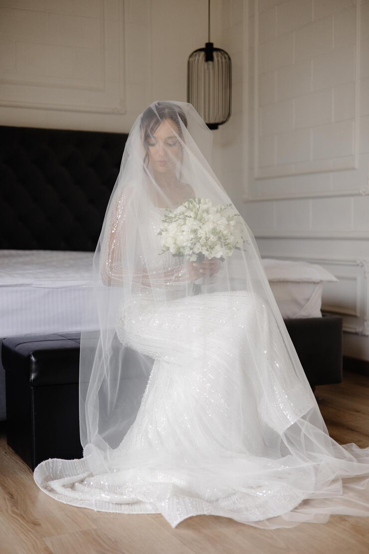 Foto een bruid in een witte jurk met een boeket bloemen