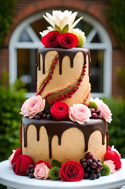 Een bruidstaart met chocolade en frambozen vulling.