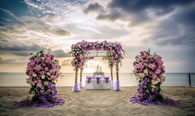 Een bruiloft op het strand met paarse bloemen