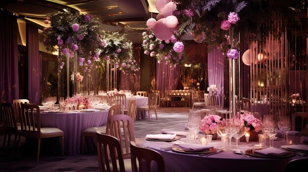 een bruiloftsreceptie met roze ballonnen en bloemen op de tafel