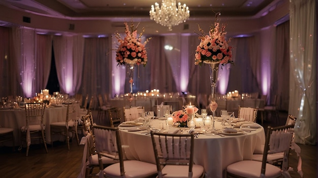 Een bruiloftsreceptie met roze bloemen en ronde tafels