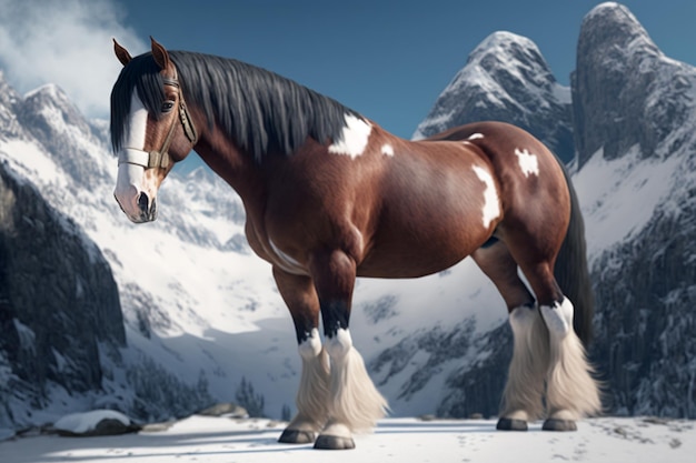 Een bruin en wit paard dat bovenop een besneeuwde berg staat Generatieve AI