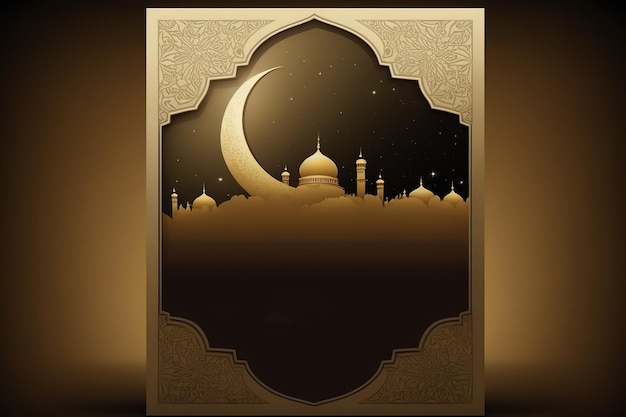 Een bruin frame met een moskee en de maan aan de nachtelijke hemel.