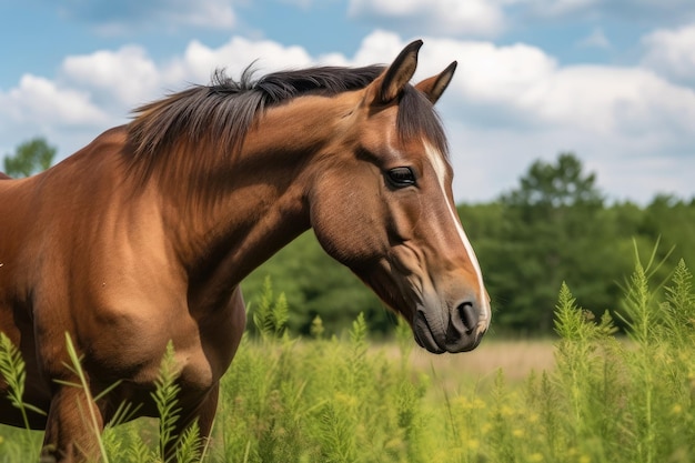 Een bruin jong paard eet in de wildernis