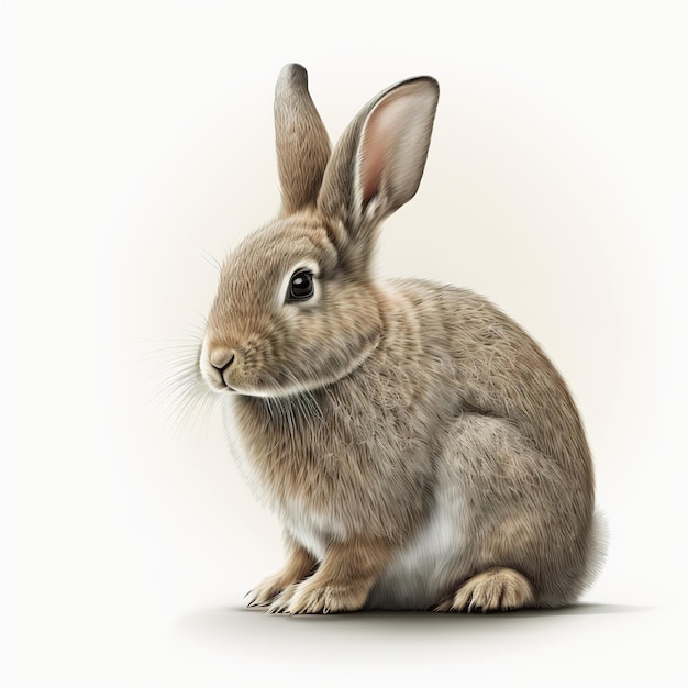 Een bruin konijn met een groot slap oor zit op een witte achtergrond.