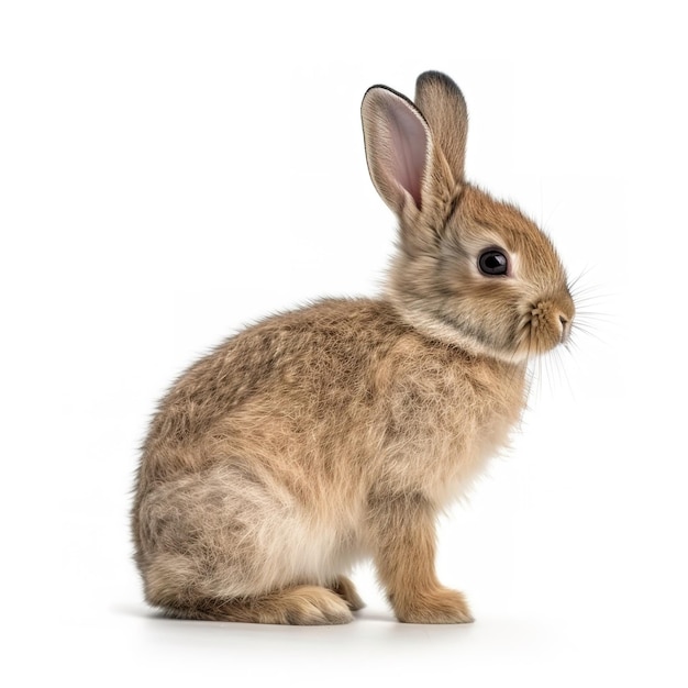 Een bruin konijn met een zwarte neus zit tegen een witte achtergrond.