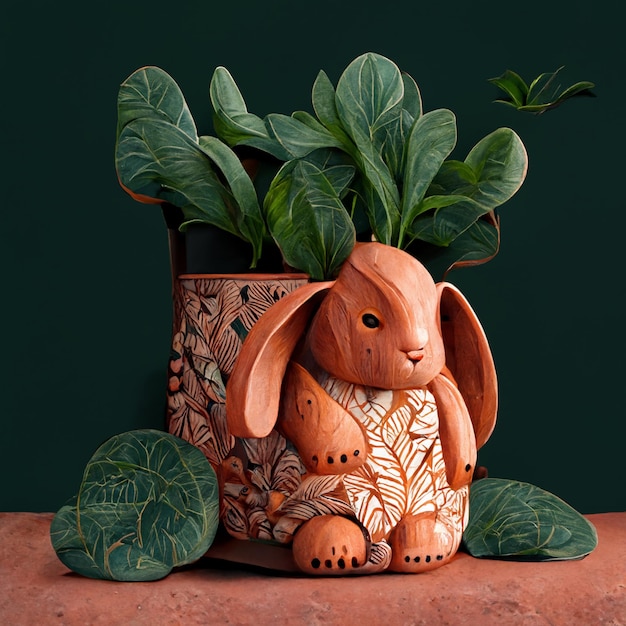 Foto een bruin konijn van keramiek met een plant erin