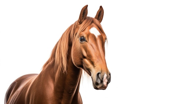 een bruin paard met bruine manen en een witte achtergrond.
