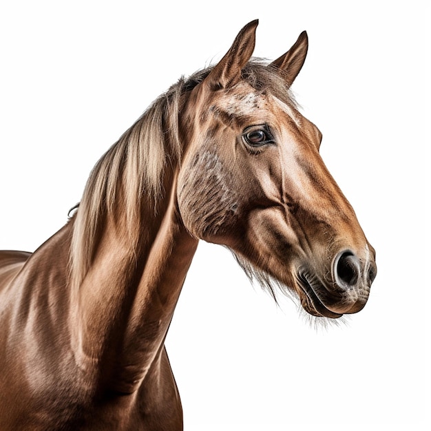 Een bruin paard met een witte achtergrond en een witte achtergrond.